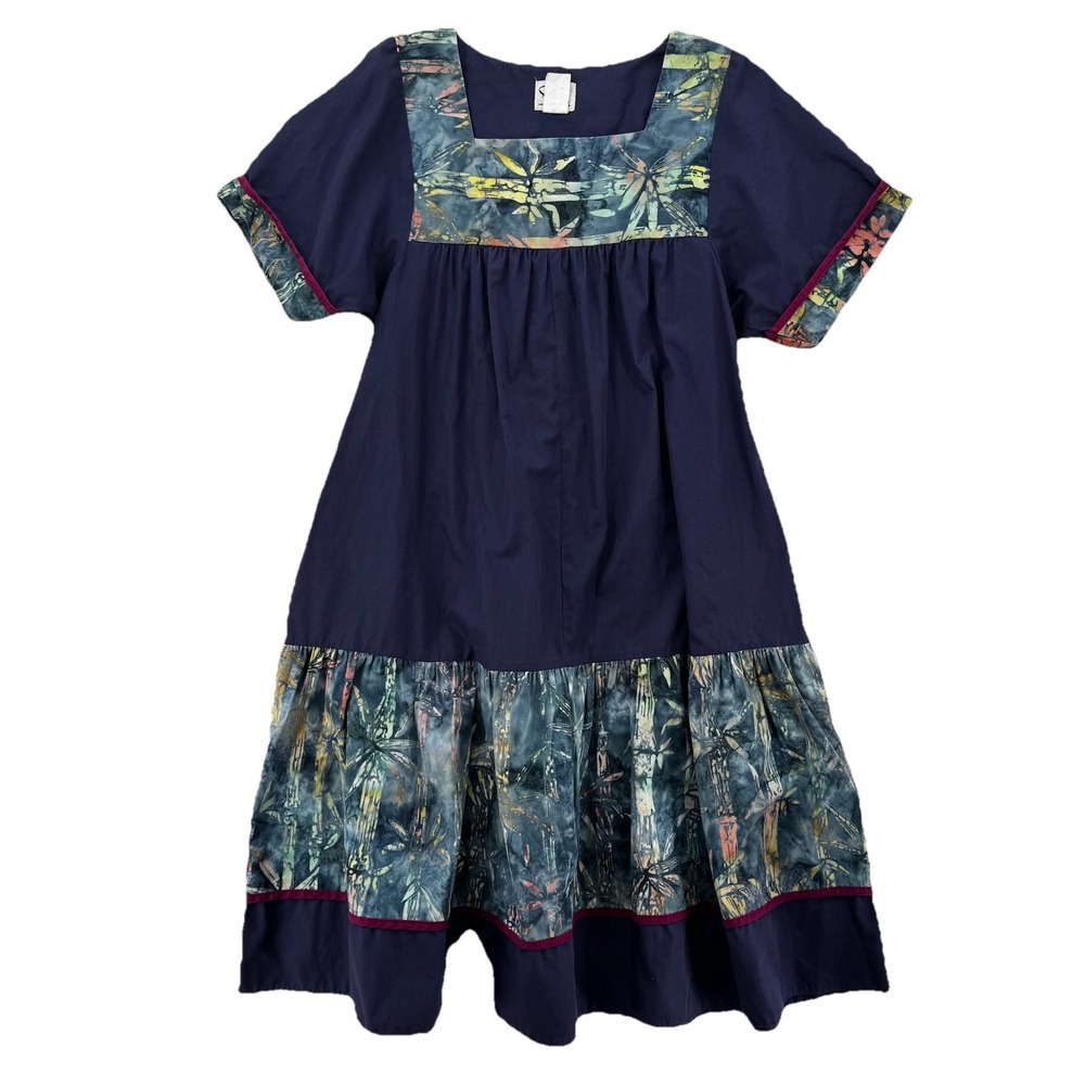 Vintage RM Muumuu‎ Dress Womens Blue Floral Hawaiian Prairie Made USA 90s